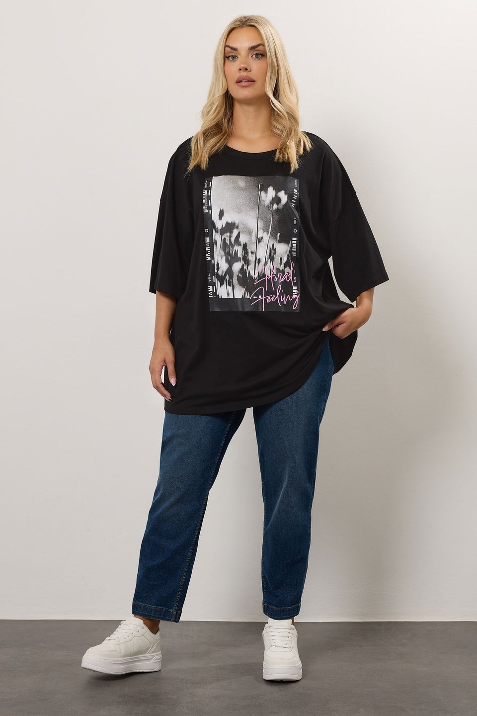 Yours Curve Black 'Floral Feeling' Oversized T-Shirt