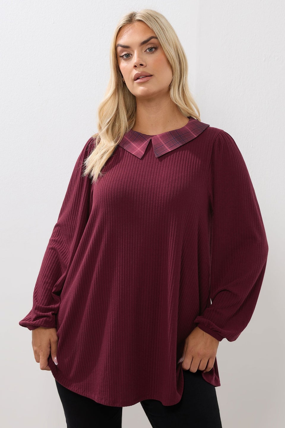 Yours Curve Red Check Collar Ribbed Top