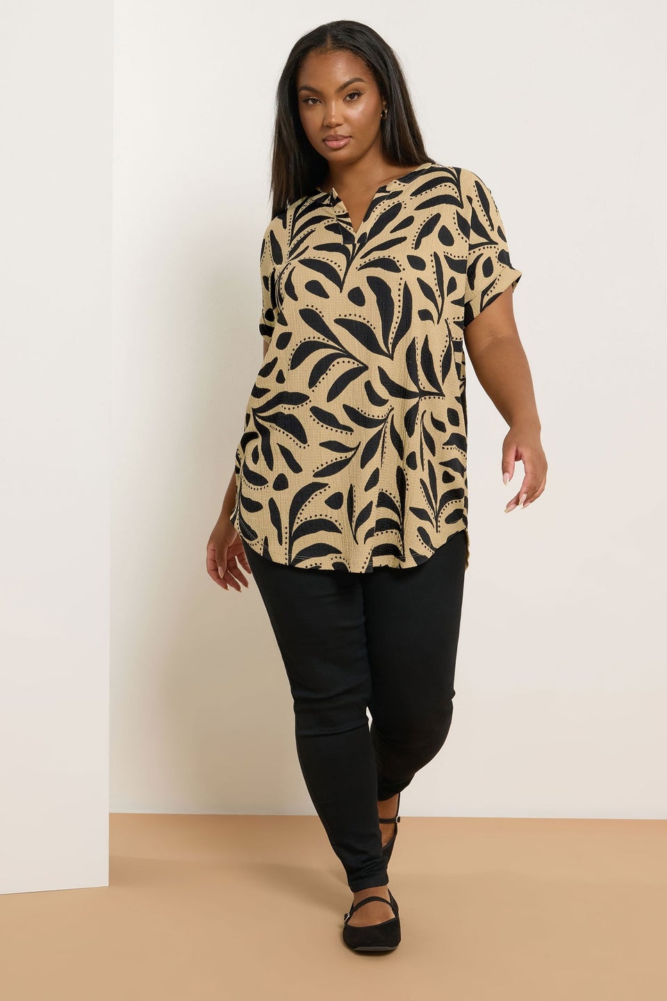 Yours Curve Natural Brown Leaf Print Textured Top