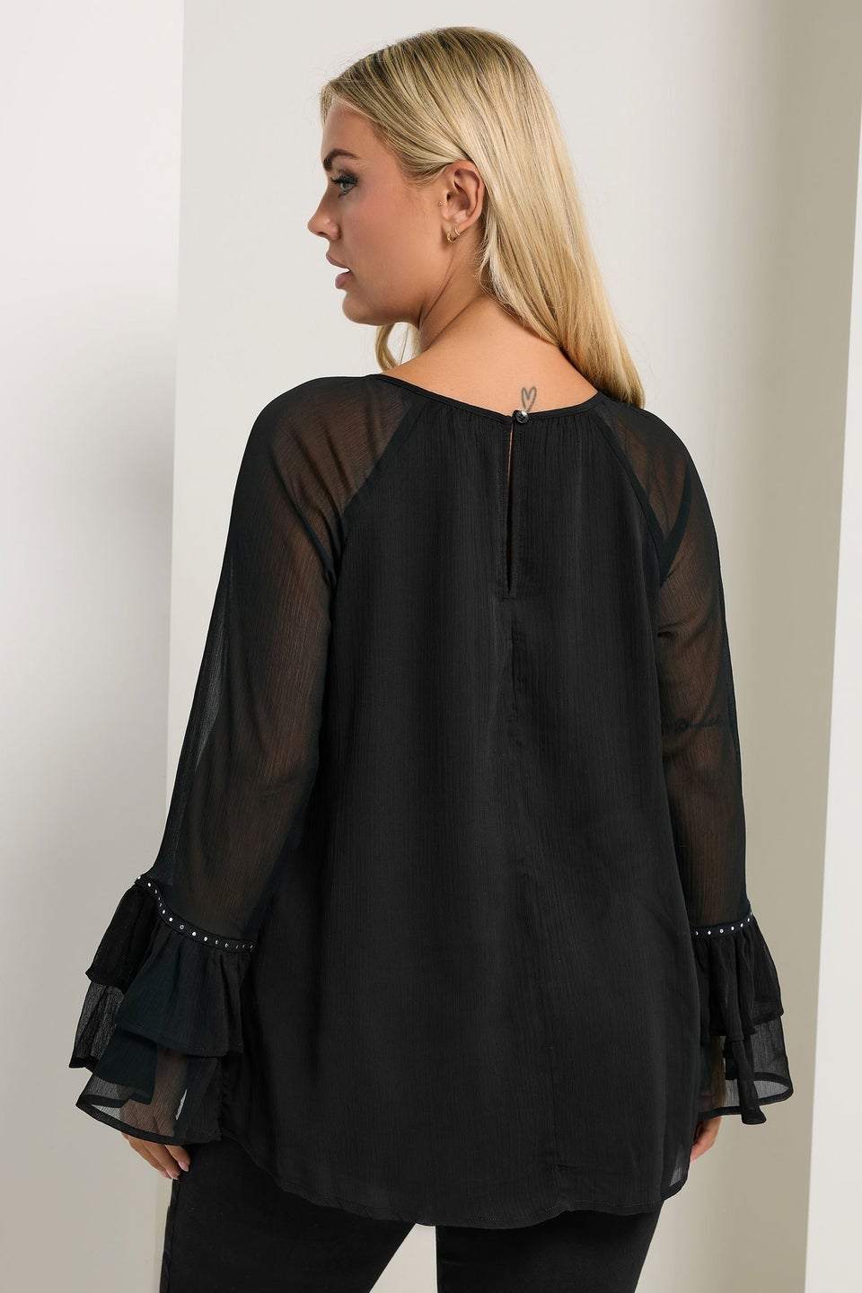 Yours Curve Black Ruffle Sleeve Stud Top