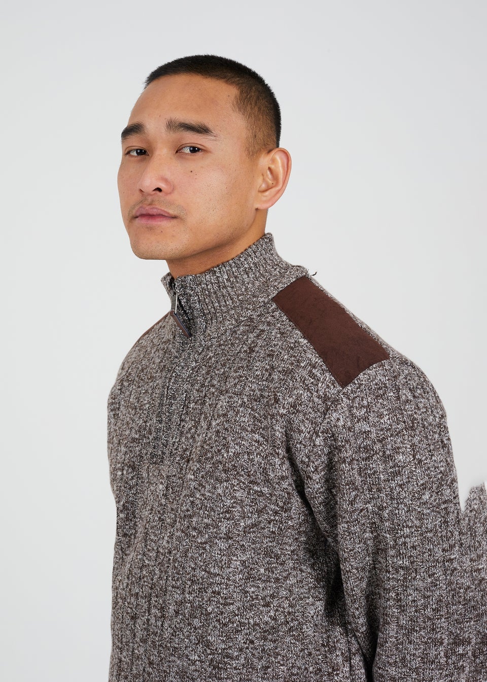 Brave Soul Brown Quarter Zip Funnel Neck Jumper