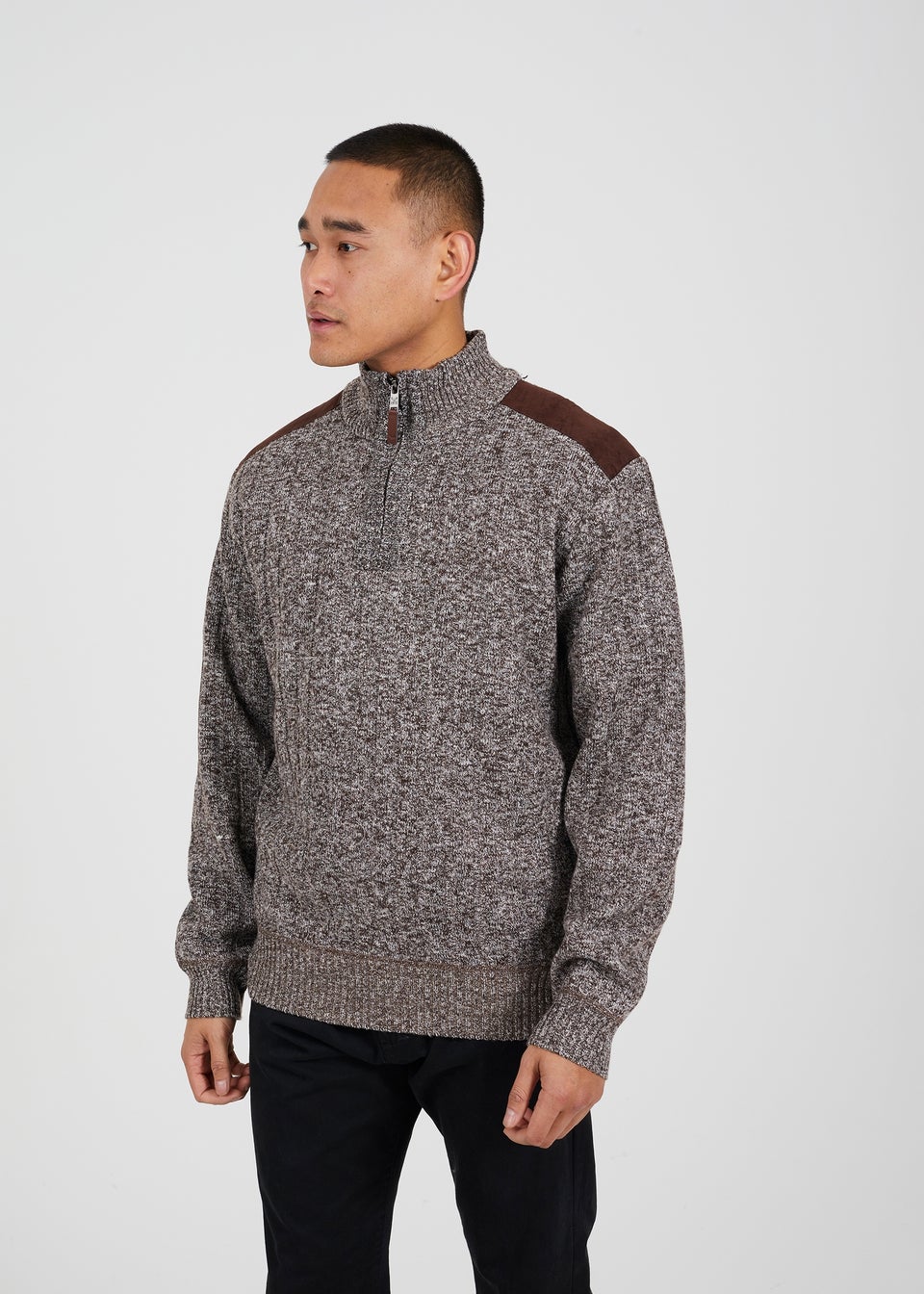 Brave Soul Brown Quarter Zip Funnel Neck Jumper