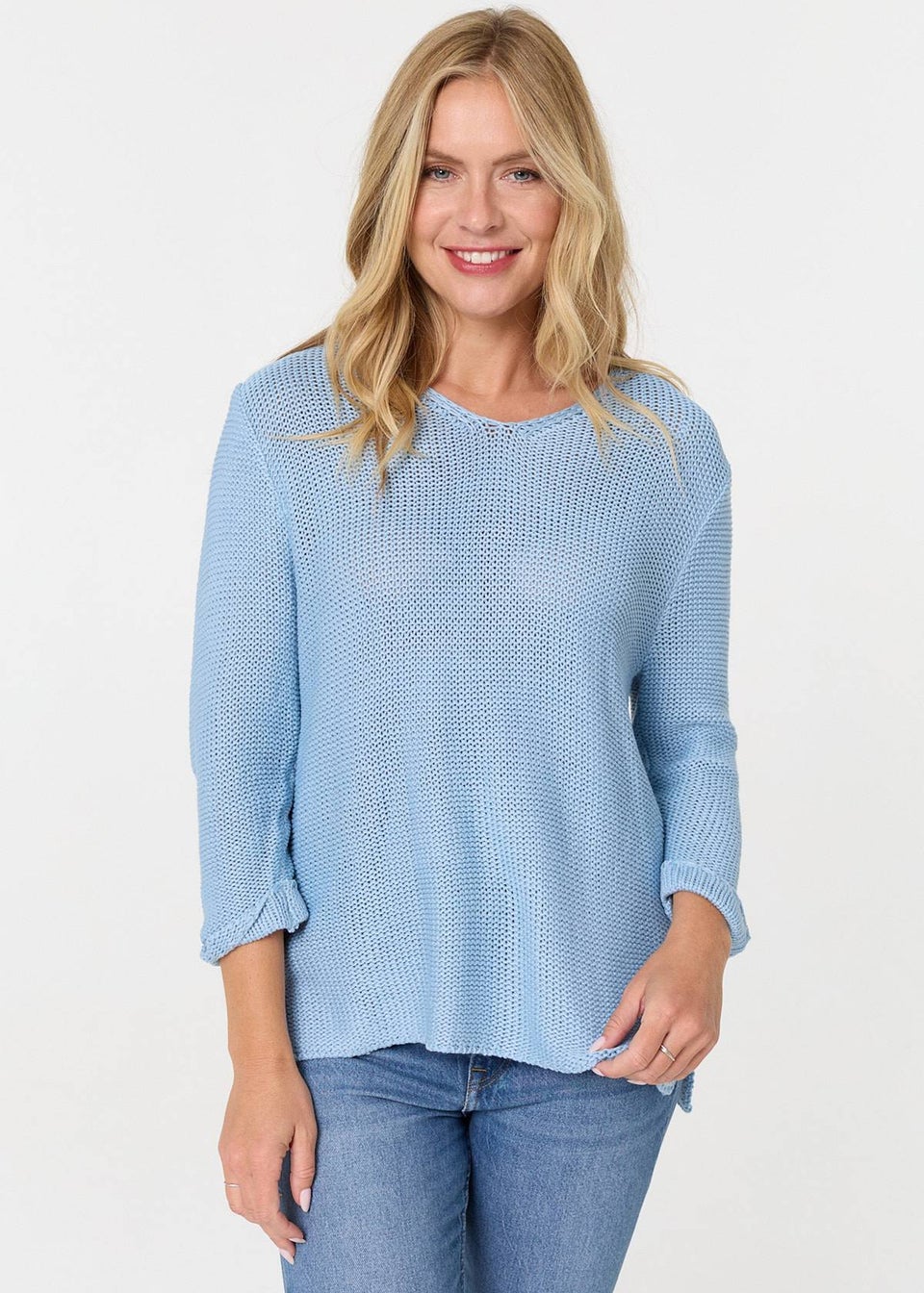 Izabel London Light Blue Mesh Texture 3/4 Sleeve Relaxed Top