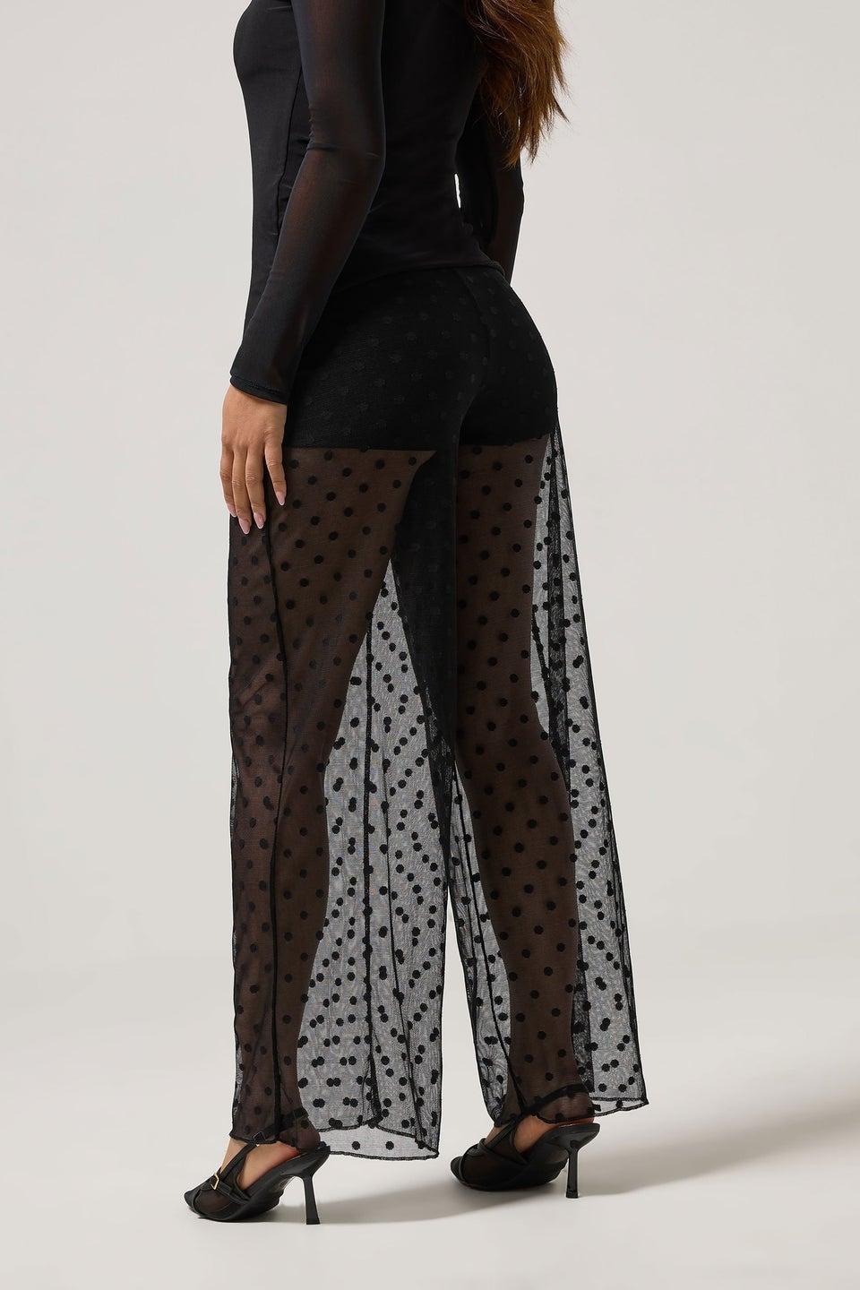 PixieGirl Petite Black Spot Mesh Trousers