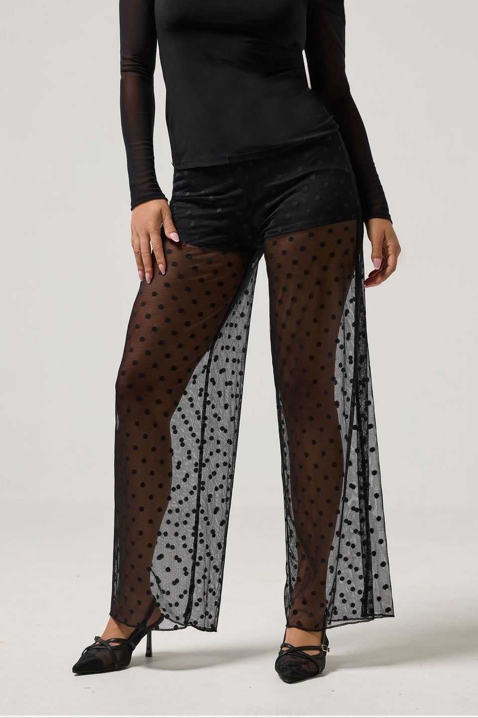 PixieGirl Petite Black Spot Mesh Trousers