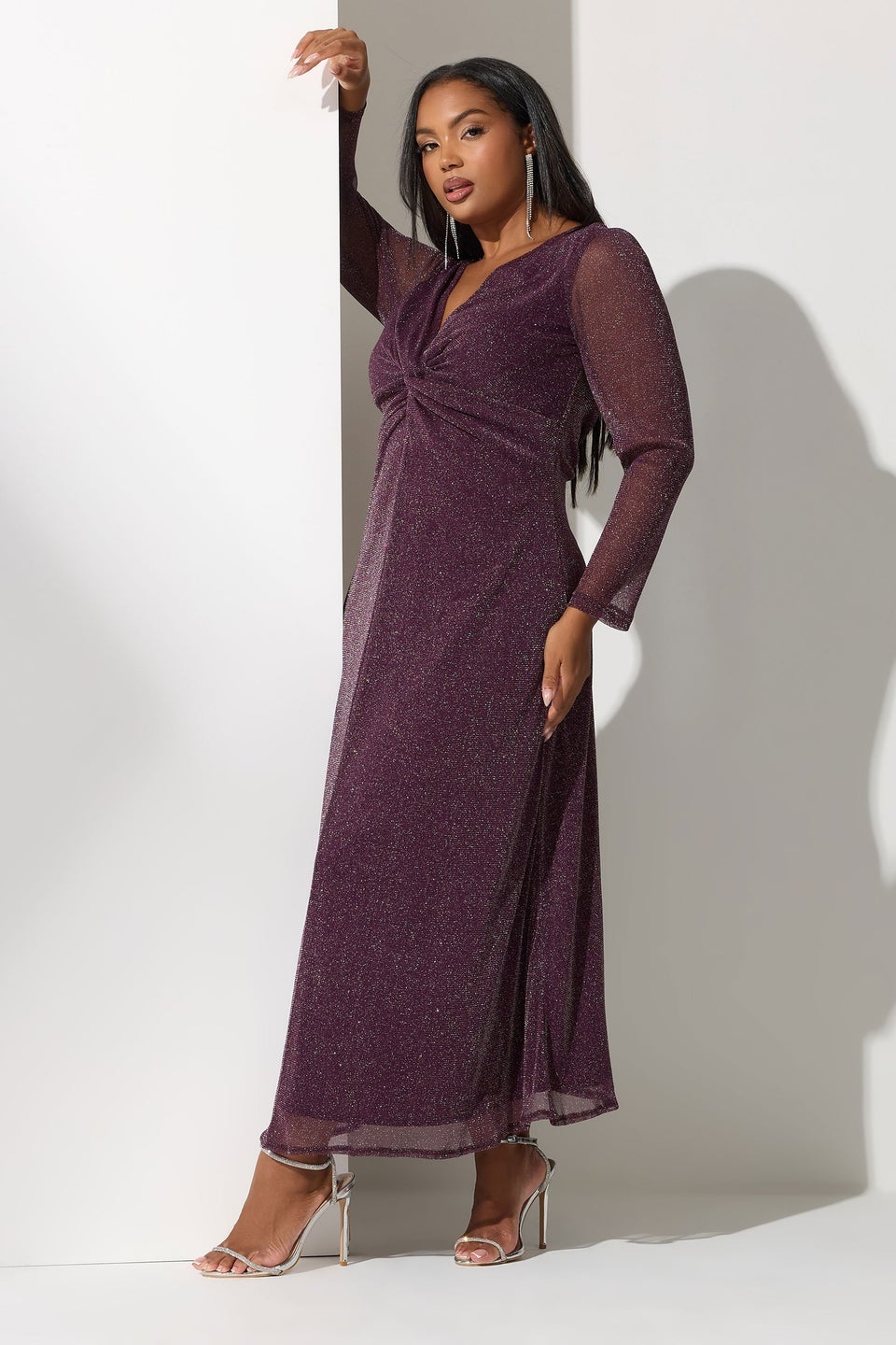 Yours London Curve Wine Red Metallic Twist Front Maxi Dress