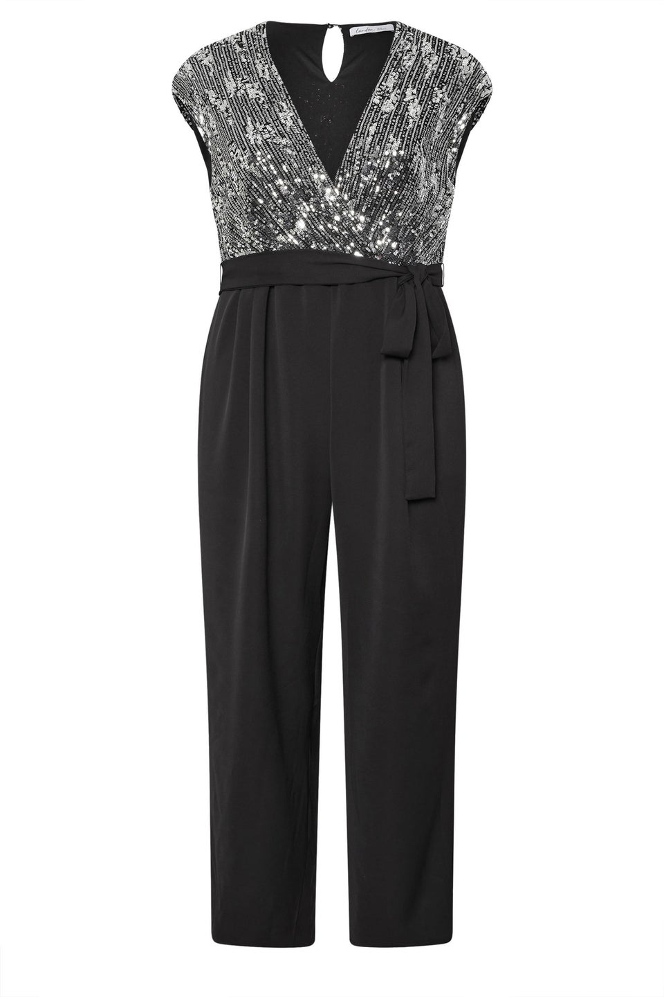Yours London Curve Black & Silver Wrap Front Sequin Jumpsuit