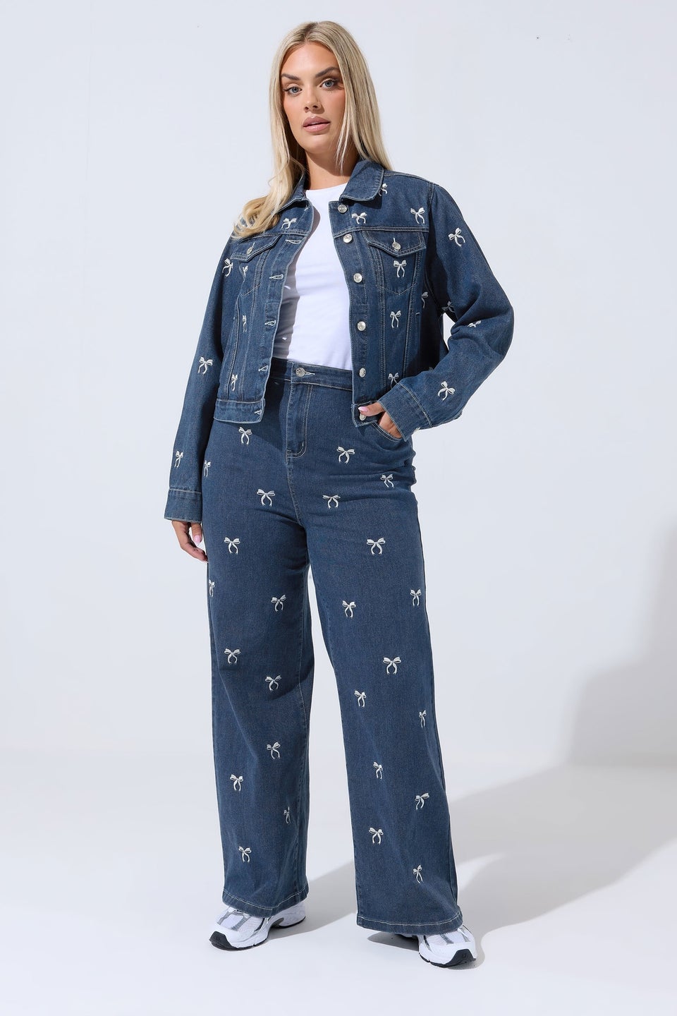 Yours Limited Curve Blue Bow Embroidered Wide Leg Jeans