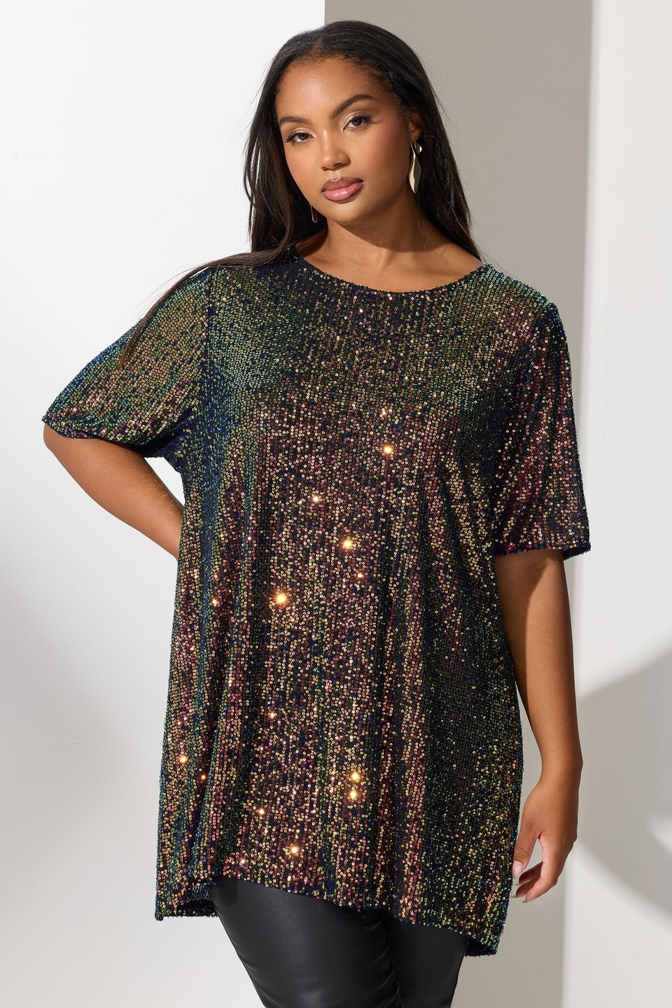 Yours London Curve Black Multicoloured Sequin T-Shirt