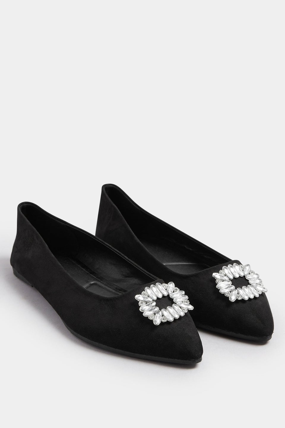 Yours Black Faux Suede Diamante Pointed Ballet Pumps In Extra Wide EEE Fit
