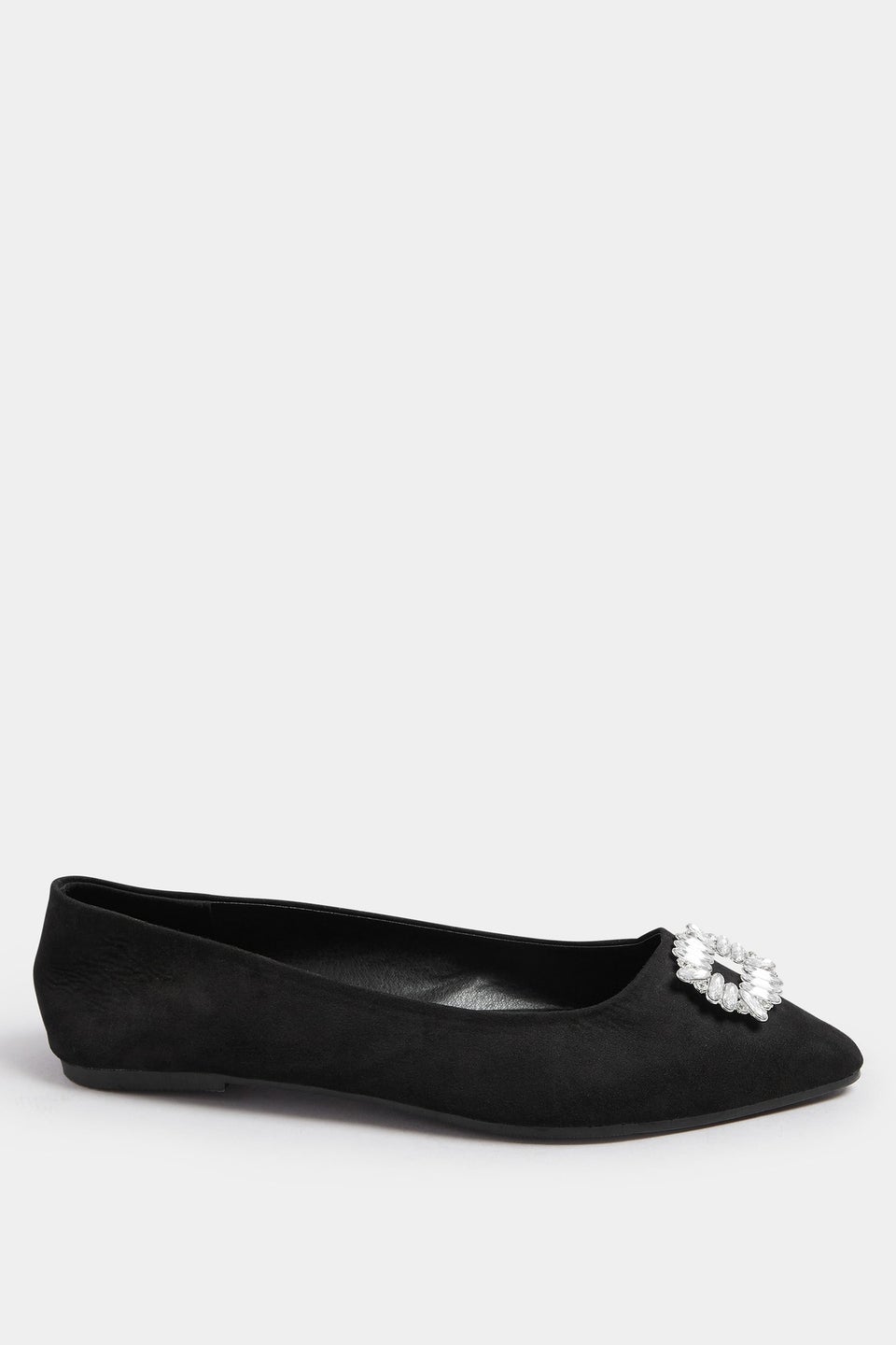 Yours Black Faux Suede Diamante Pointed Ballet Pumps In Extra Wide EEE Fit