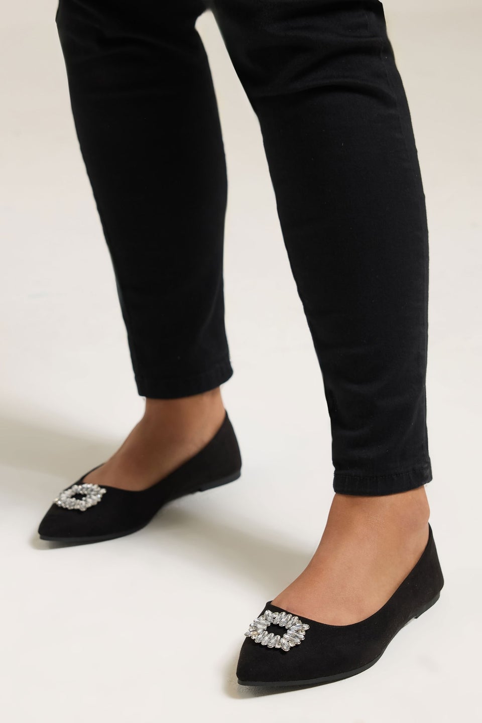 Yours Black Faux Suede Diamante Pointed Ballet Pumps In Extra Wide EEE Fit