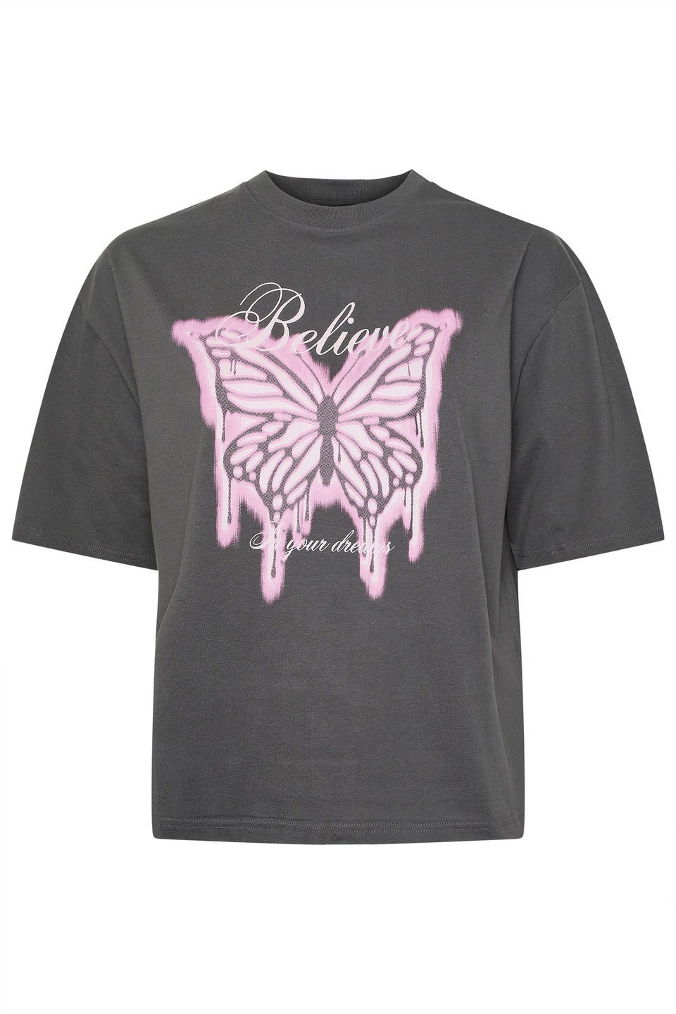 Yours Limited Grey 'Believe' Butterfly Graphic Oversized T-Shirt