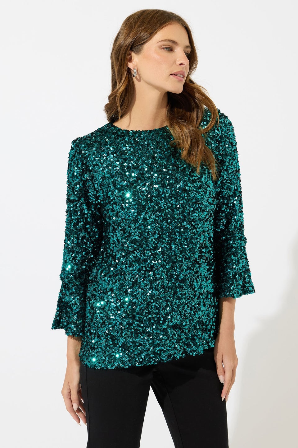 M&Co Green Sequin Flute Sleeve Top