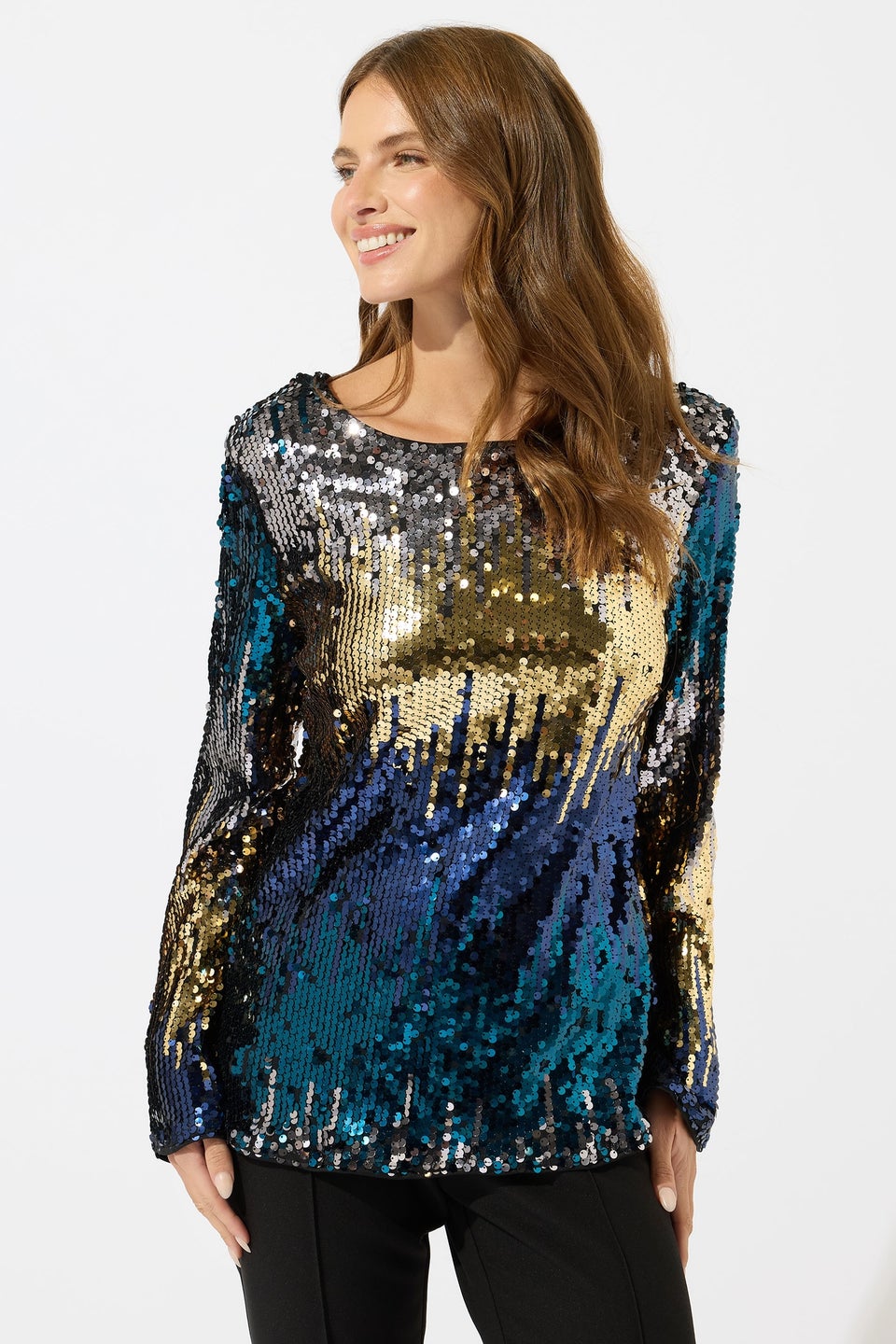 M&Co Blue Bow Back Ombre Sequin Top