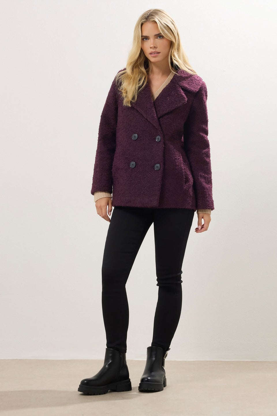 M&Co Petite Berry Red Double Breasted Boucle Jacket