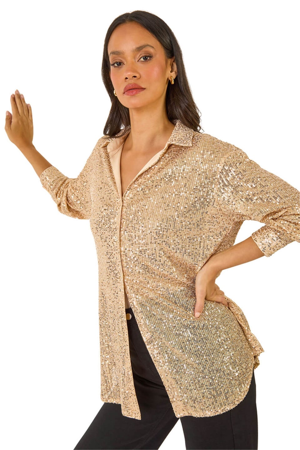 Dusk Gold Sequin Button Through Blouse