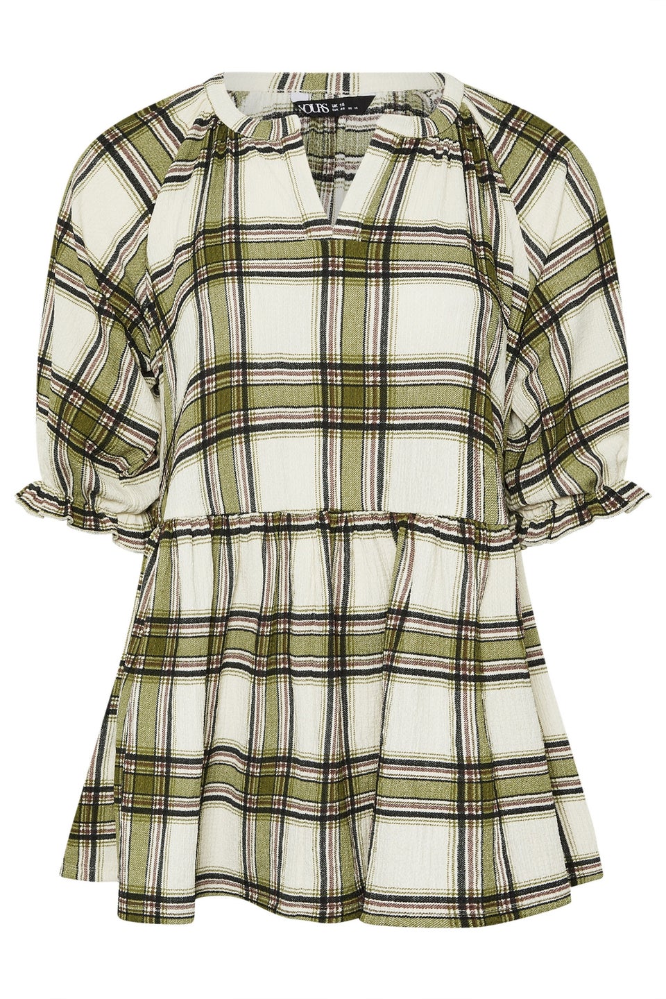 Yours Curve Khaki Green Check Textured Peplum Top
