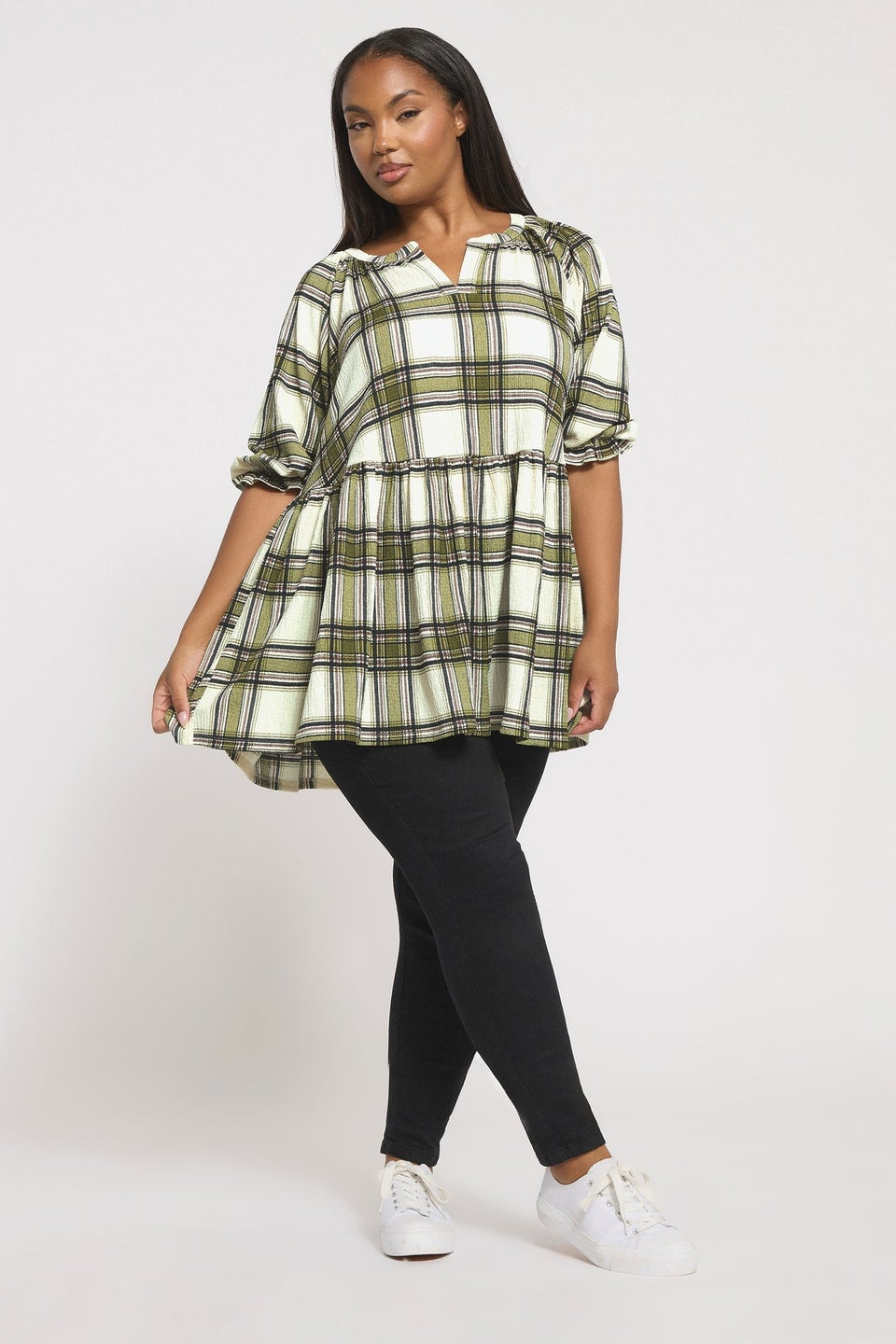 Yours Curve Khaki Green Check Textured Peplum Top