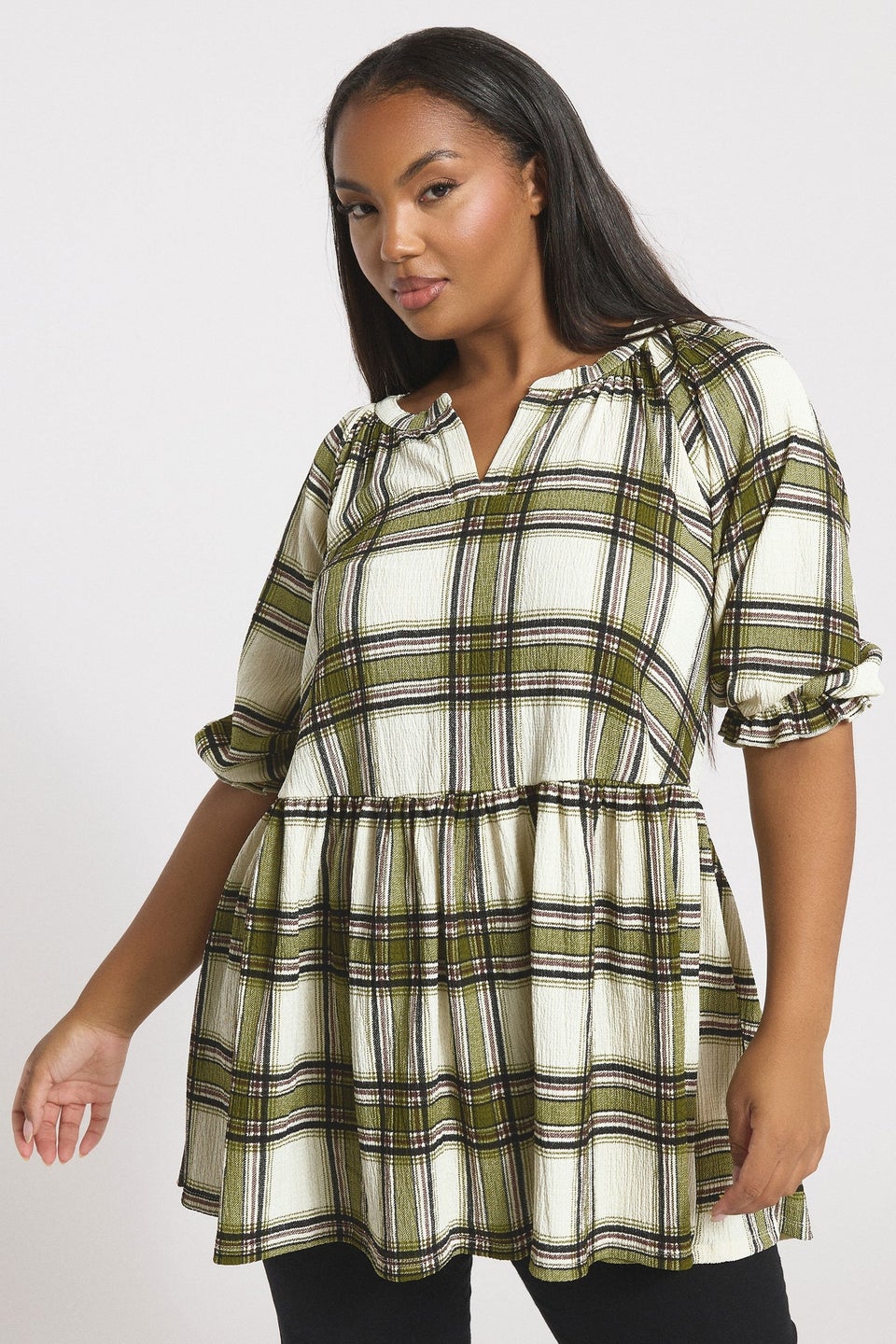 Yours Curve Khaki Green Check Textured Peplum Top