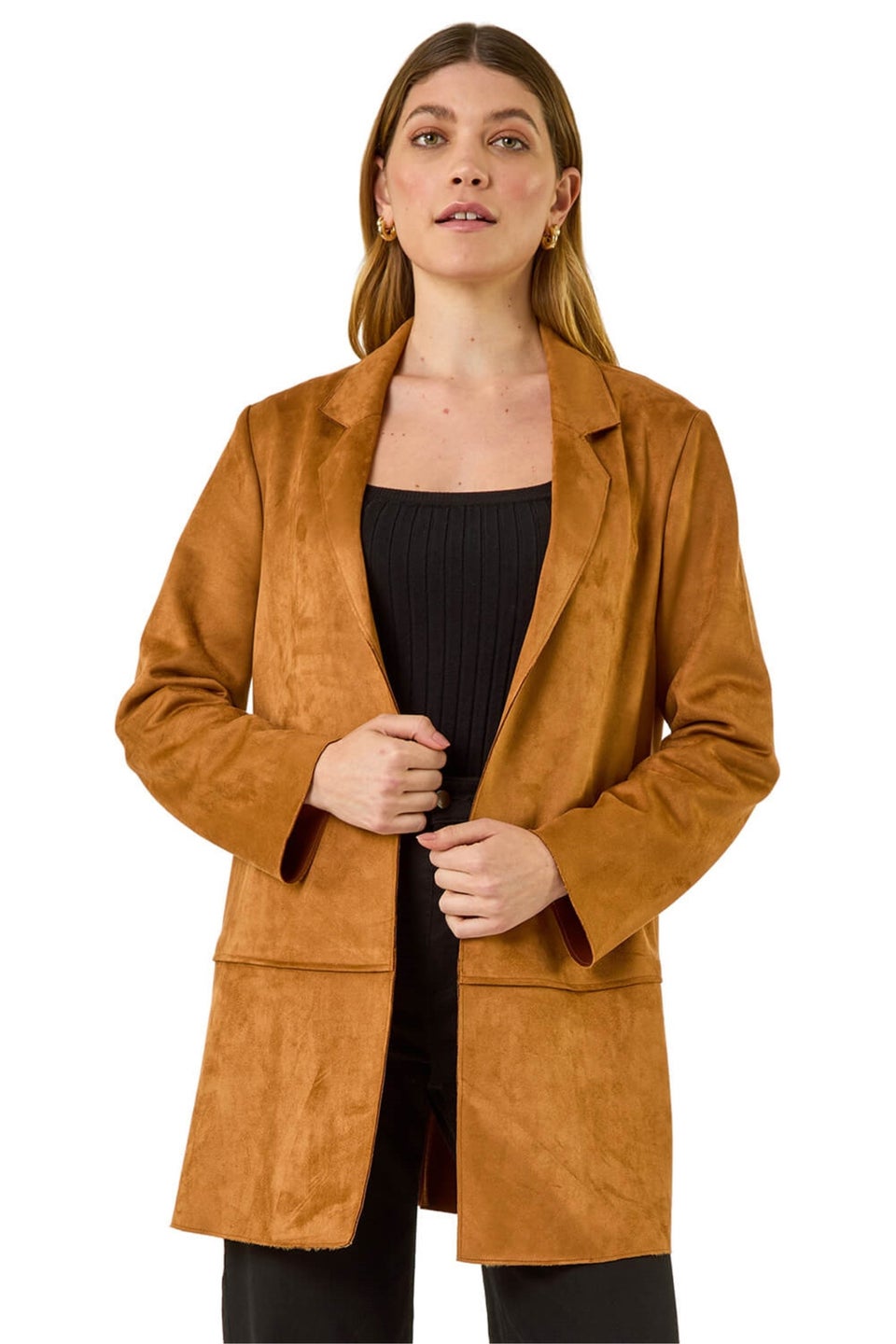 Roman Tan Suedette Longline Thrown On Jacket