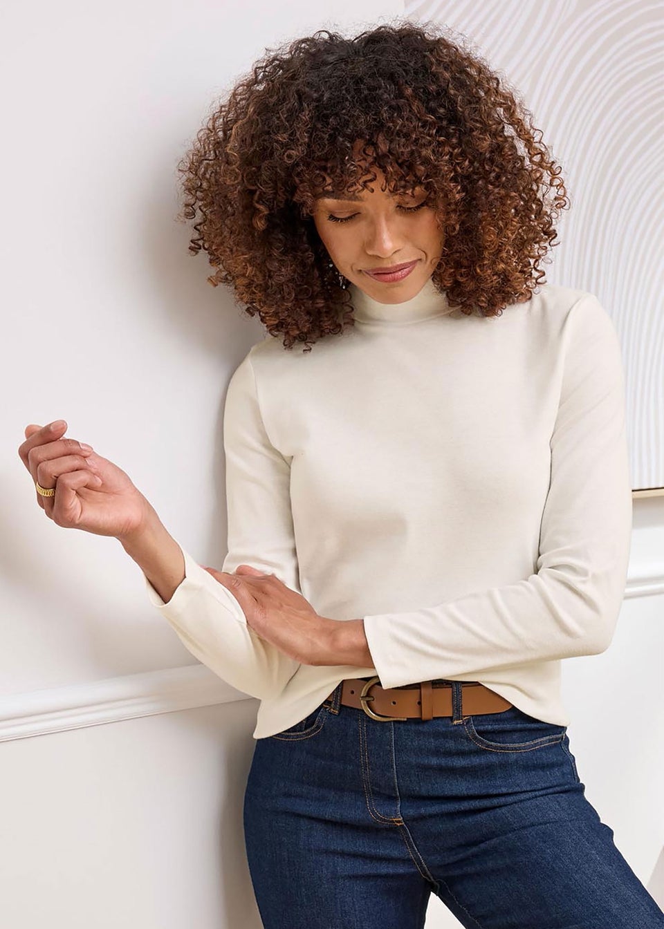 Cotton Traders Pale Cream Wrinkle Free Long Sleeve Turtleneck Top