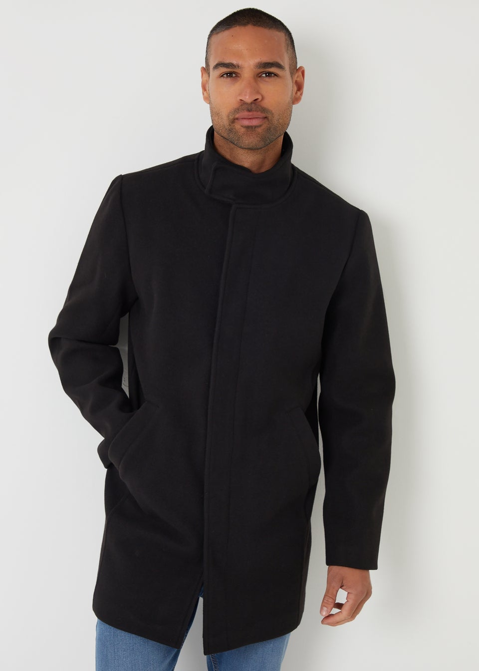 Threadbare Black Longline Faux Wool Funnel Neck Coat