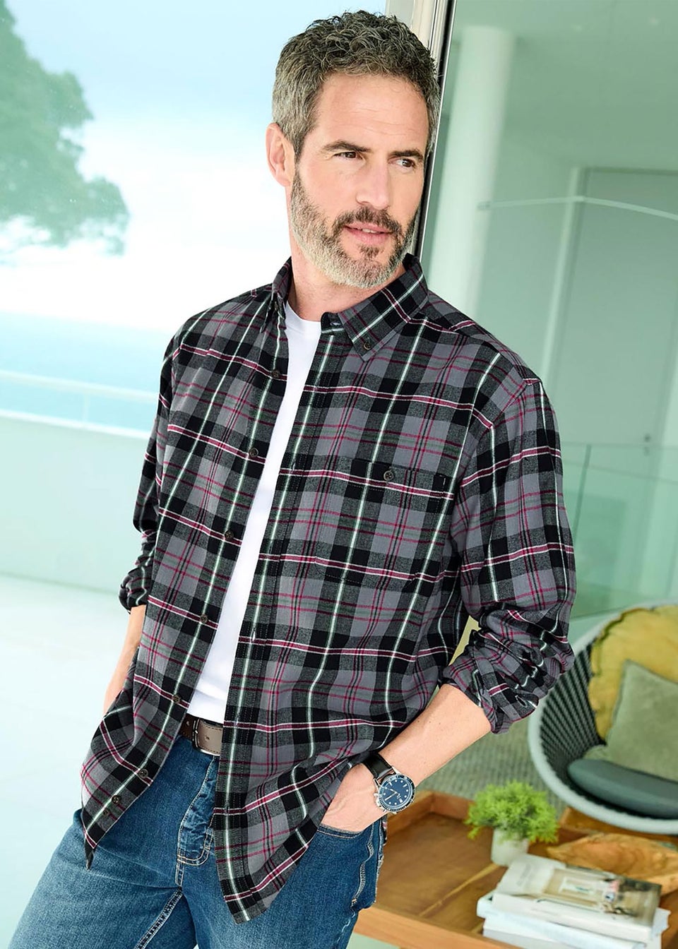 Cotton Traders Light Grey Flannel Check Shirt