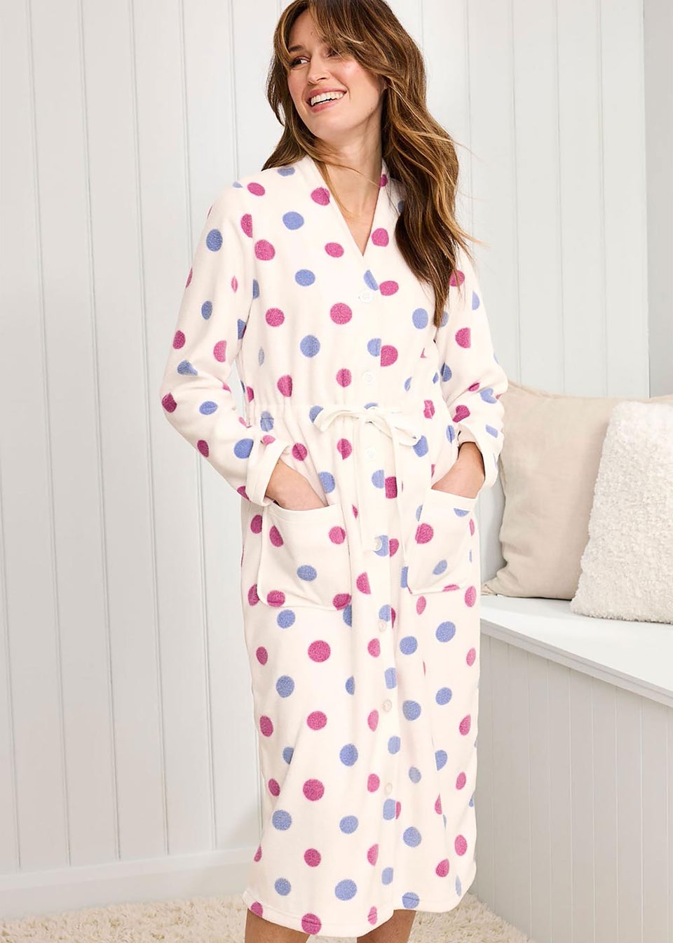 Cotton Traders Fleece Warm Cream Tie Waist Printed Dressing Gown