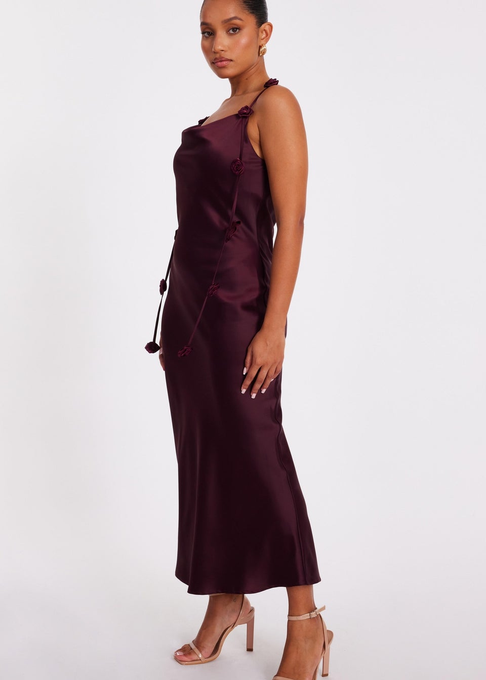 Quiz Burgundy Petite Satin Midaxi Dress