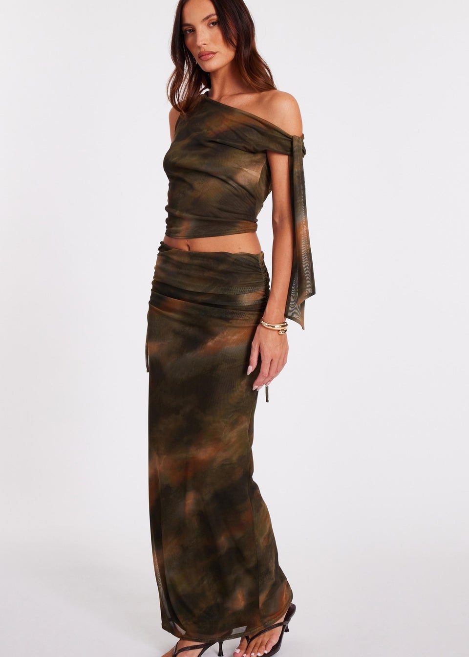 Quiz Khaki Mesh Tie Shoulder Crop Top