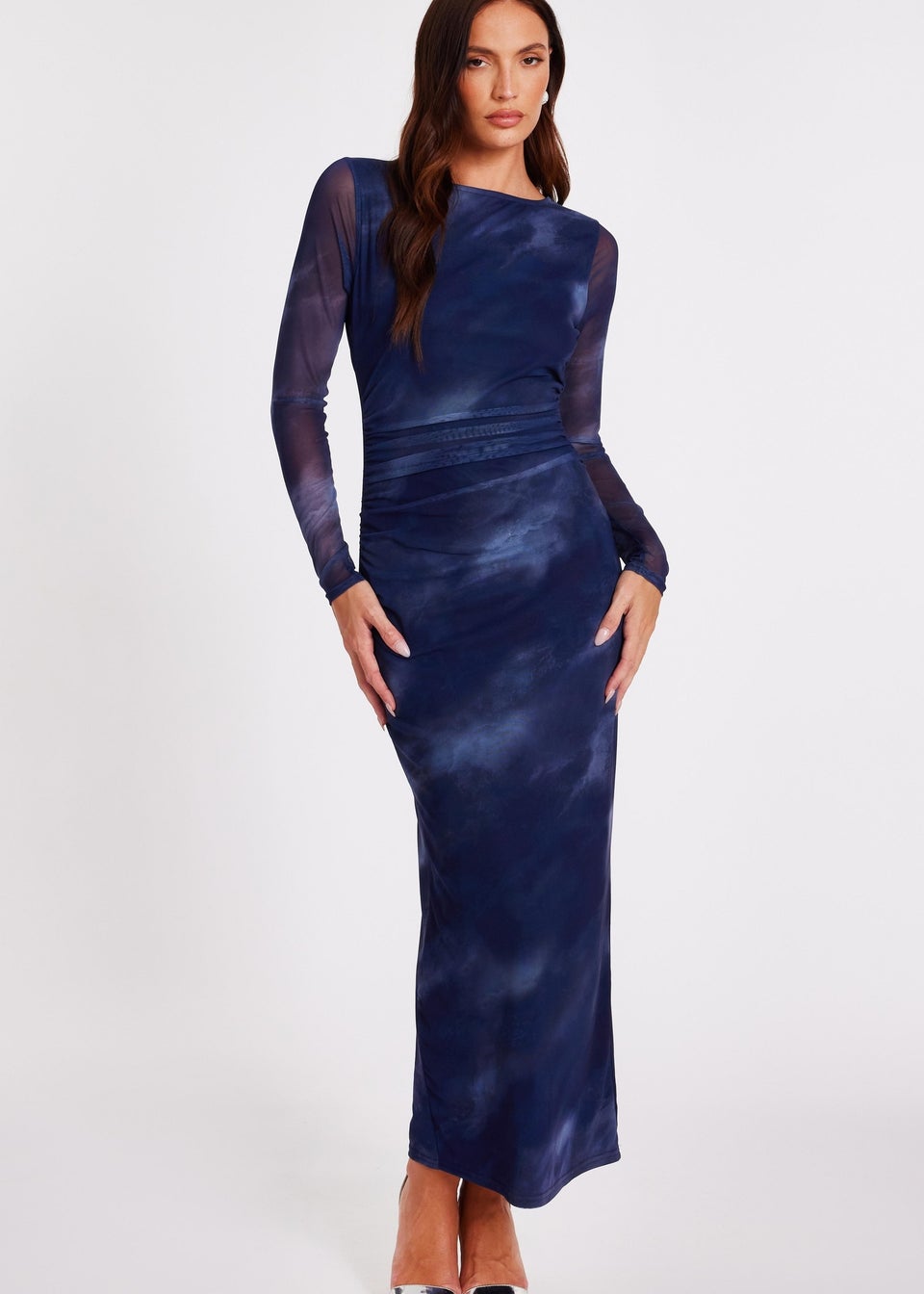 Quiz Blue Printed Long Sleeve Midaxi Dress