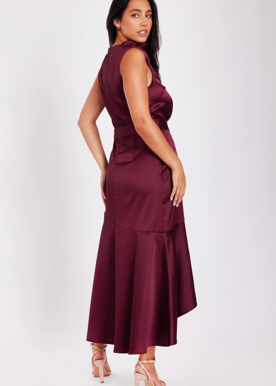 Quiz Red Satin Dip Hem Midaxi Dress