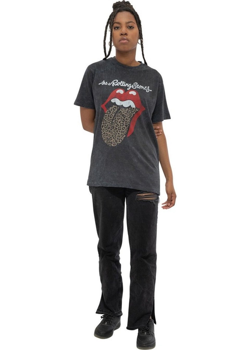 The Rolling Stones Black Leopard Tongue Acid Wash T-Shirt