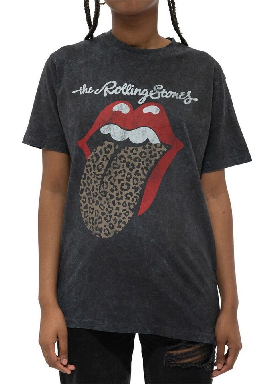 The Rolling Stones Black Leopard Tongue Acid Wash T-Shirt