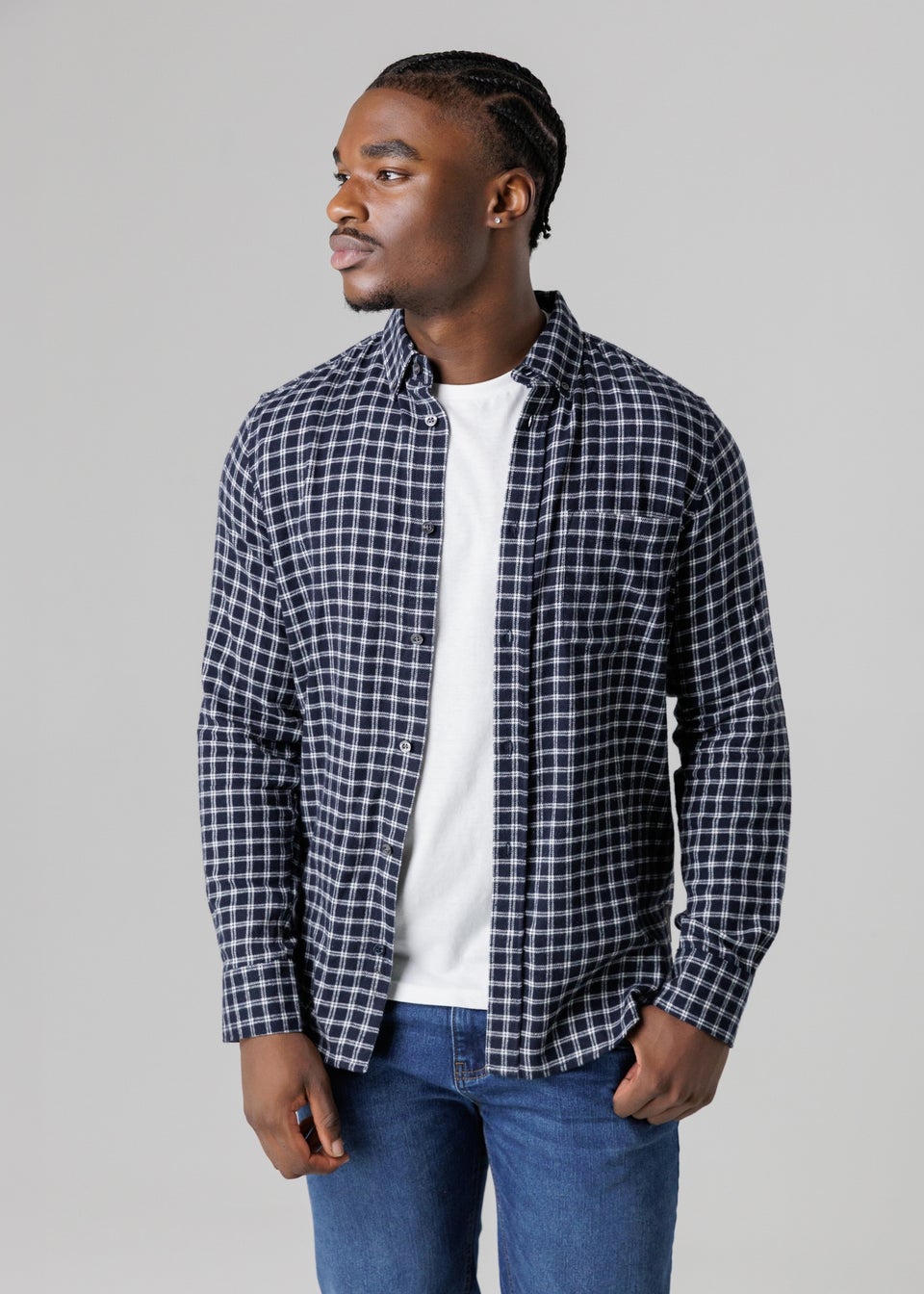 French Connection Navy Cotton Check Flannel Long Sleeve Shirt