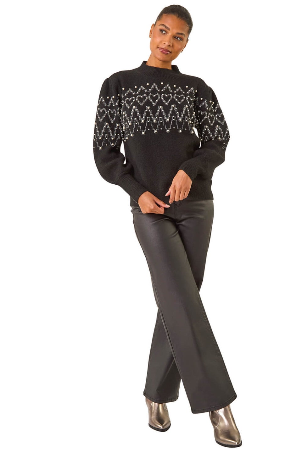 Roman Black Jacquard Faux Pearl Knit Jumper