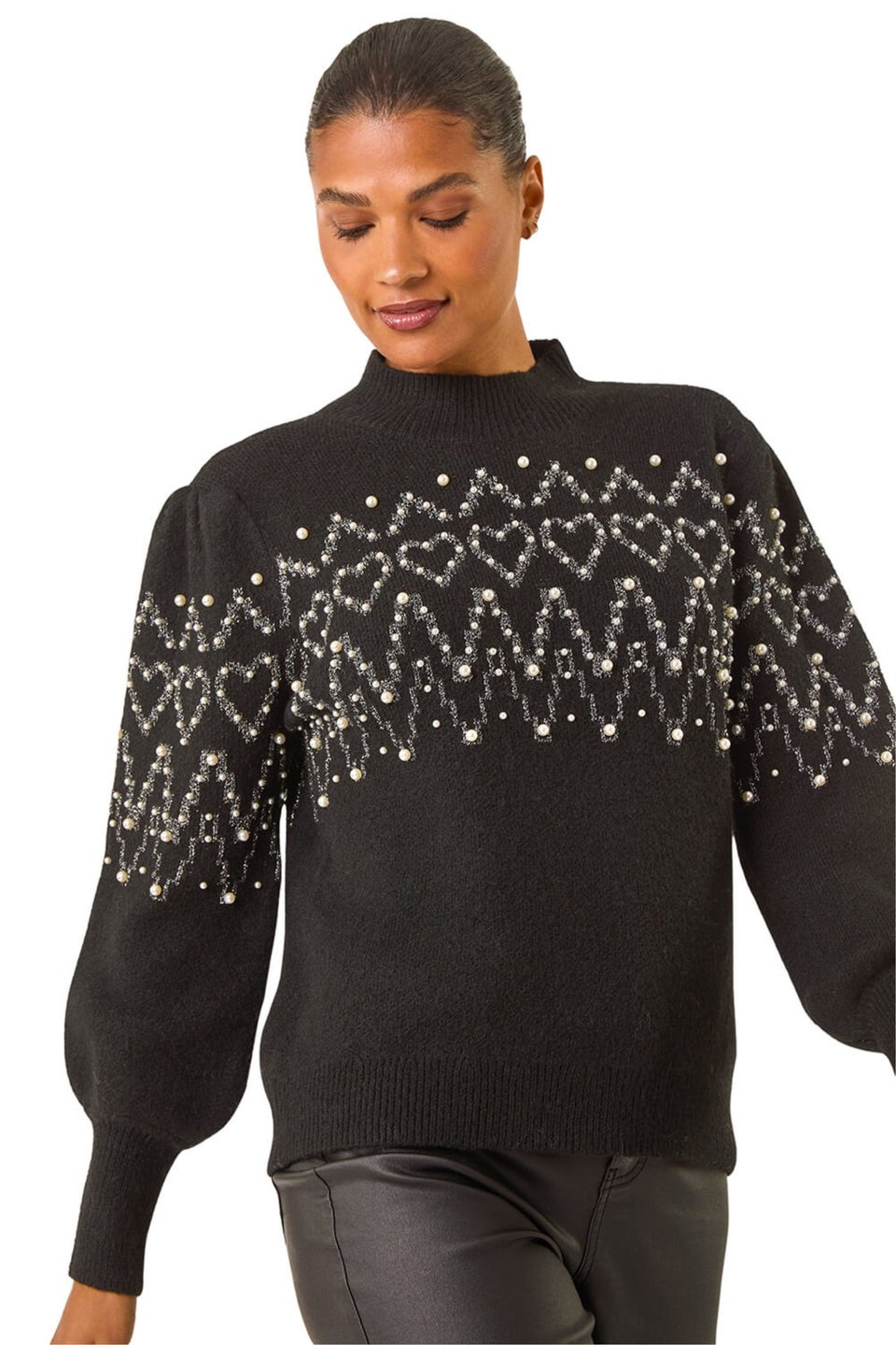 Roman Black Jacquard Faux Pearl Knit Jumper