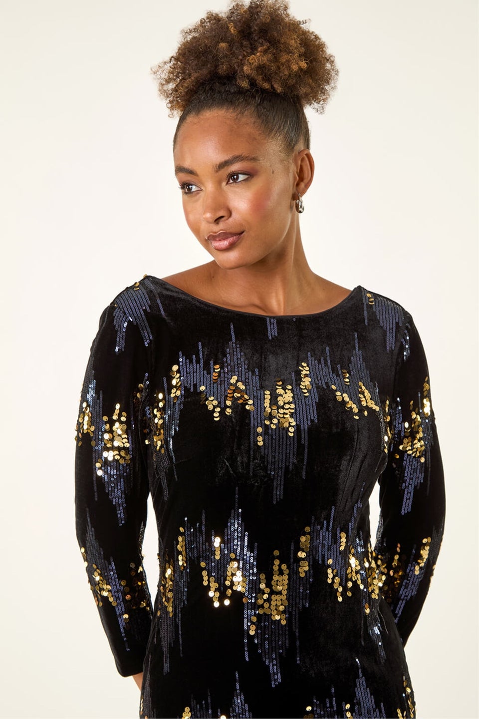 Roman Navy Sequin Velvet Shift Stretch Dress