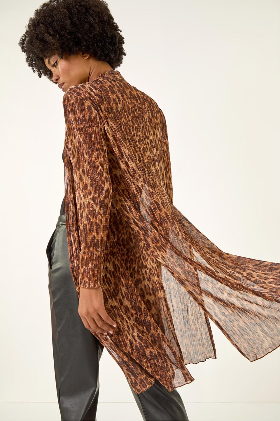 Roman Tan Metallic Animal Print Plisse Kimono