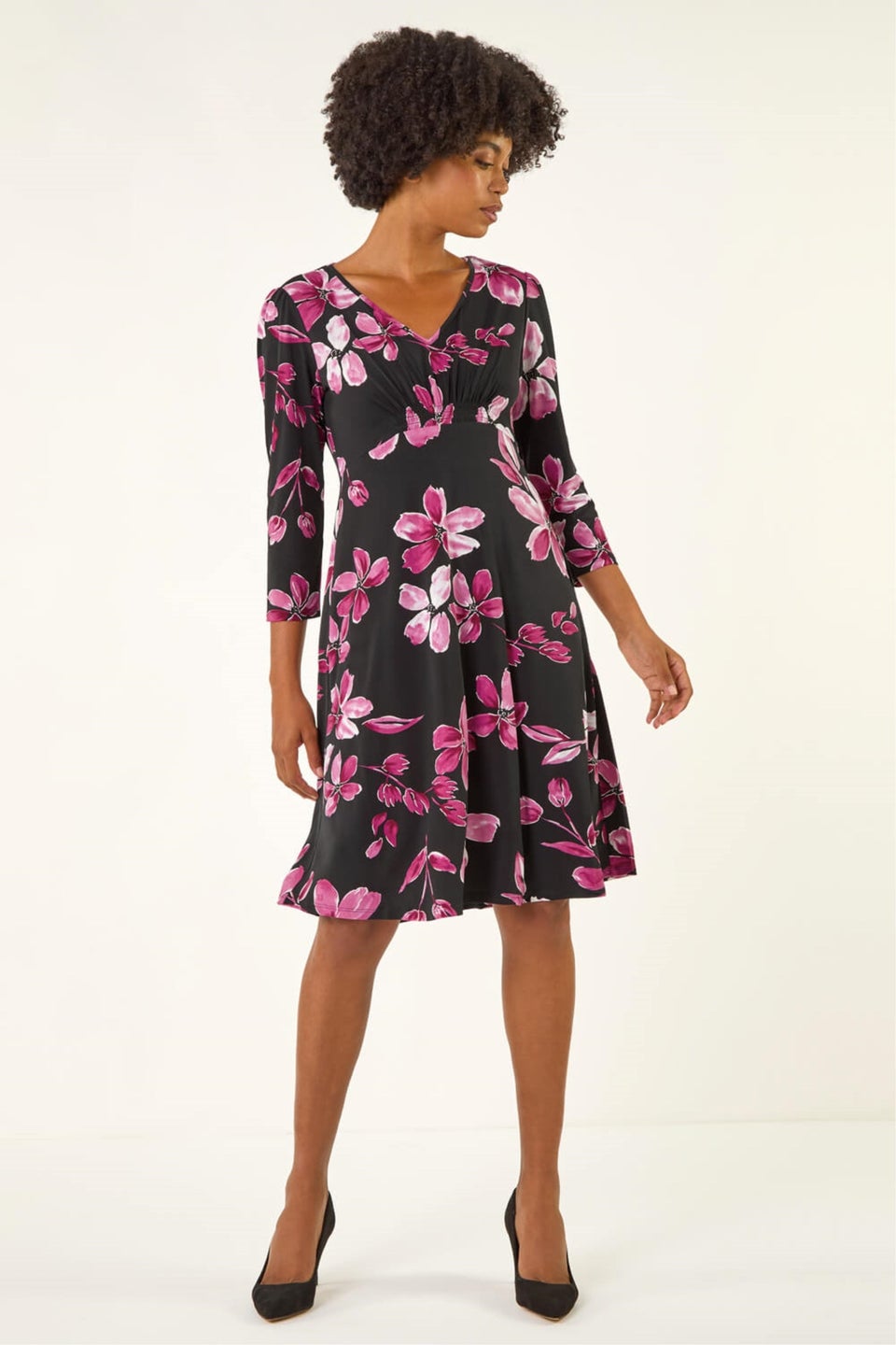 Roman Magenta Floral Print Gathered Stretch Midi Dress