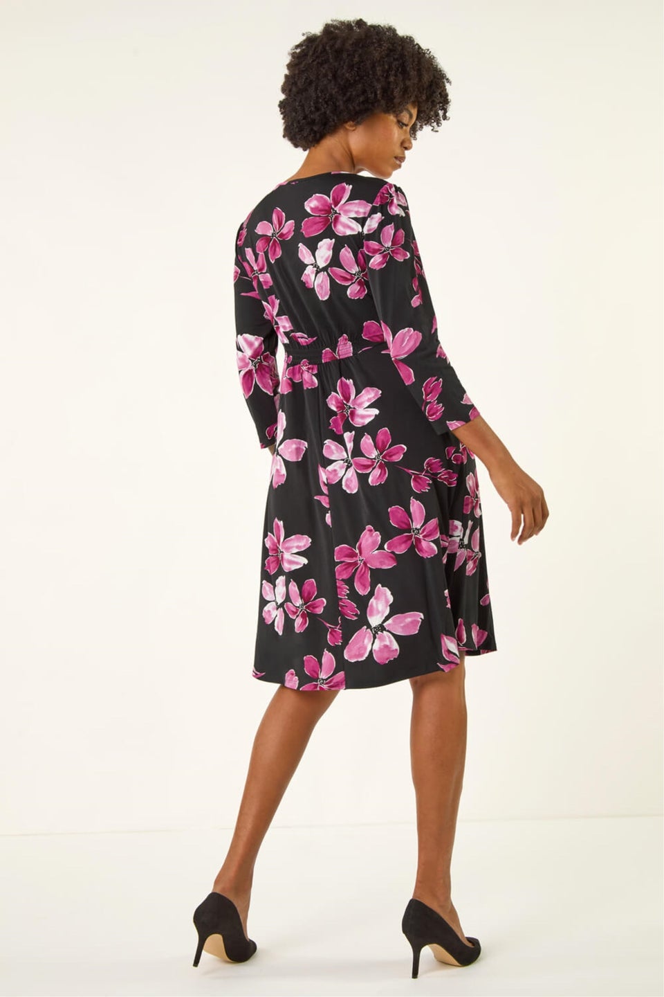 Roman Magenta Floral Print Gathered Stretch Midi Dress