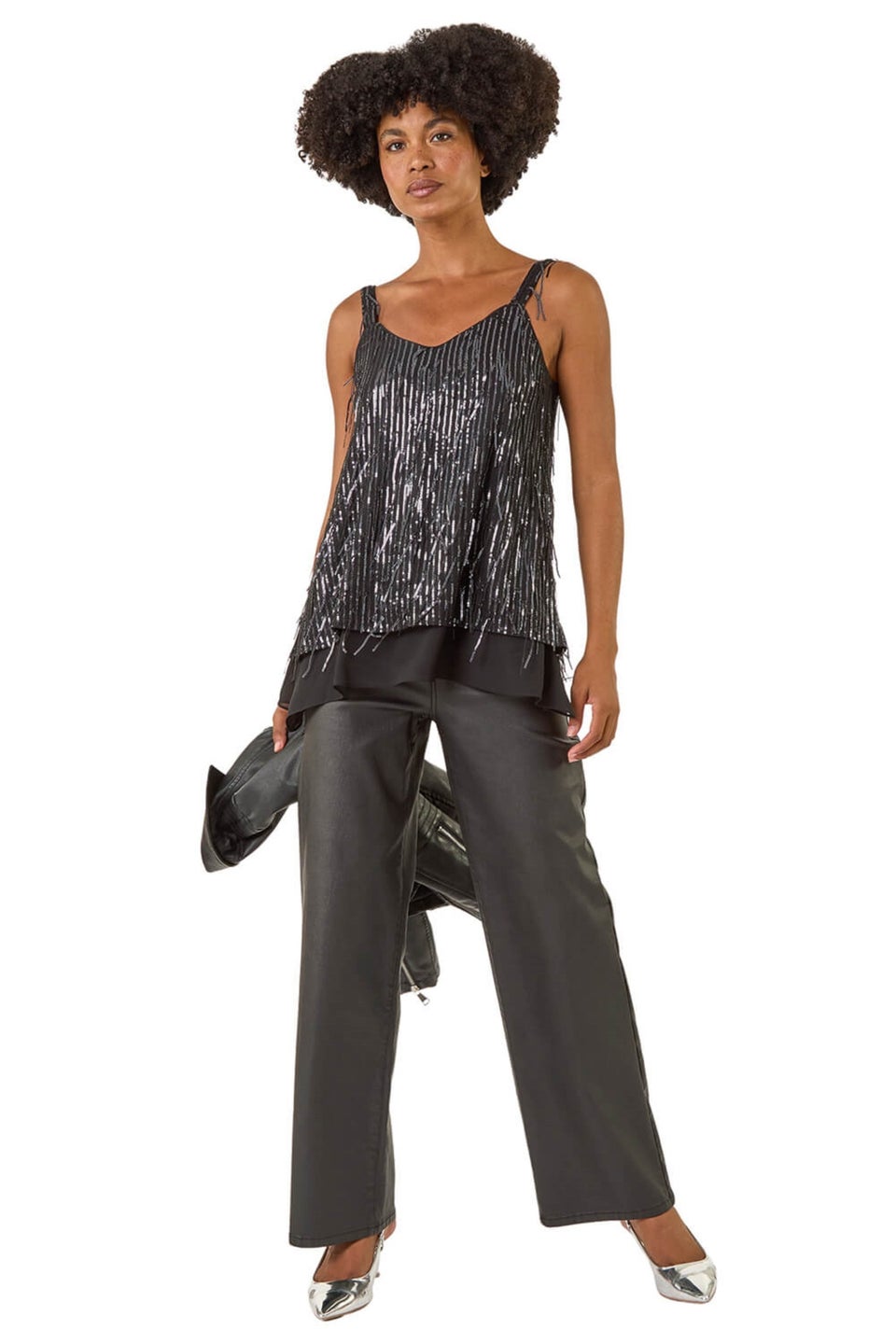 Roman Dark Grey Tassel Sequin Chiffon Top