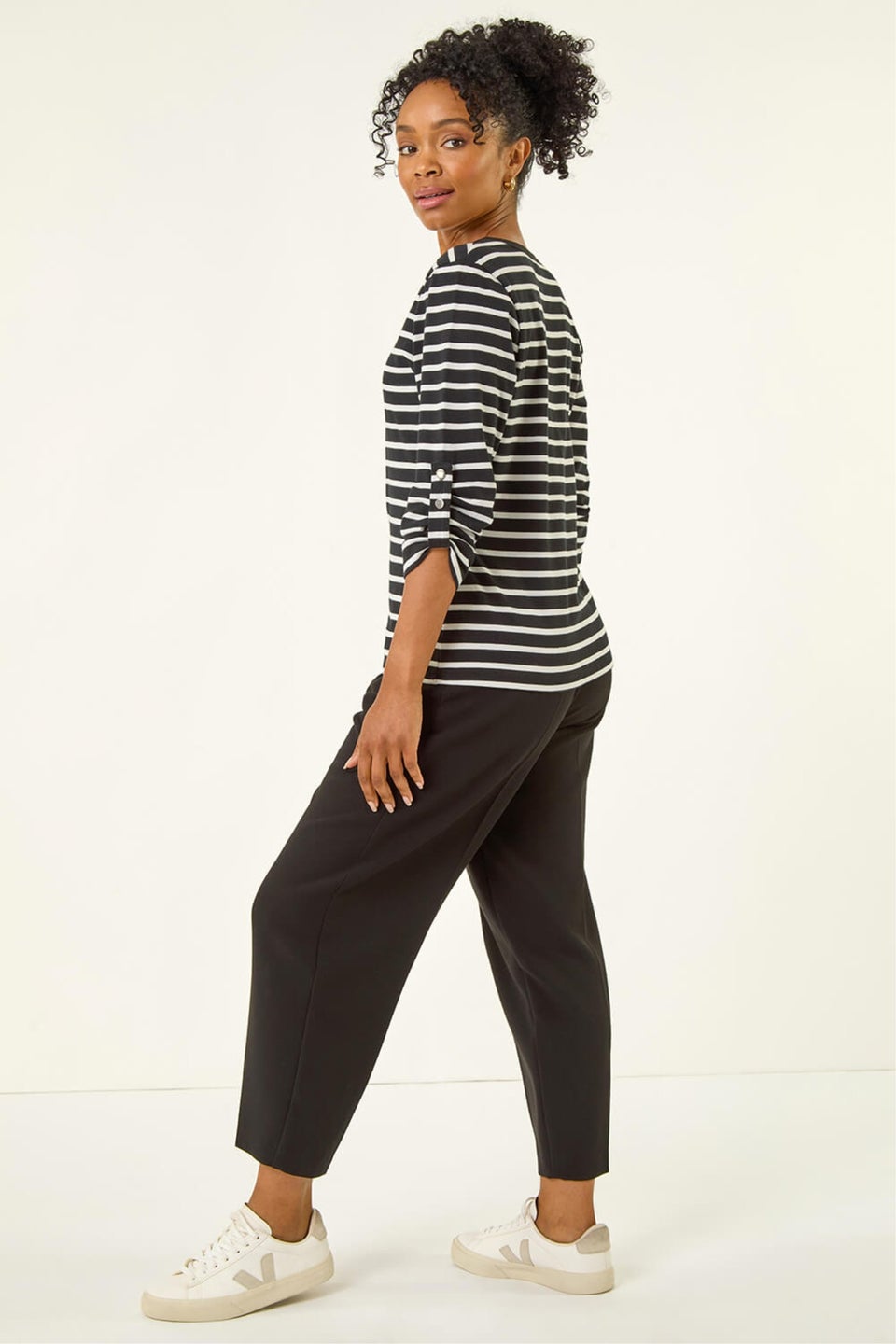 Roman Black Petite Stripe V-Neck Button Top