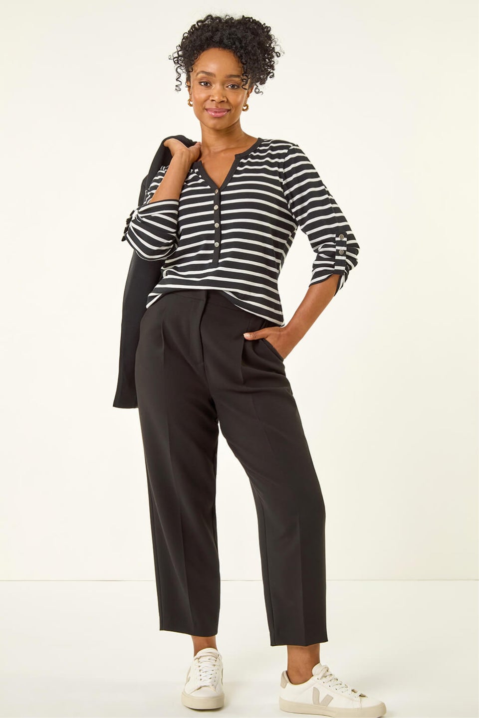 Roman Black Petite Stripe V-Neck Button Top