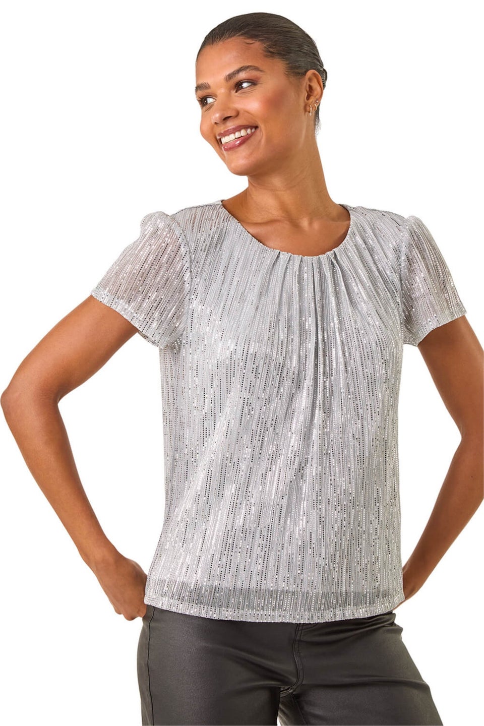 Roman Silver Metallic Sequin Plisse Top