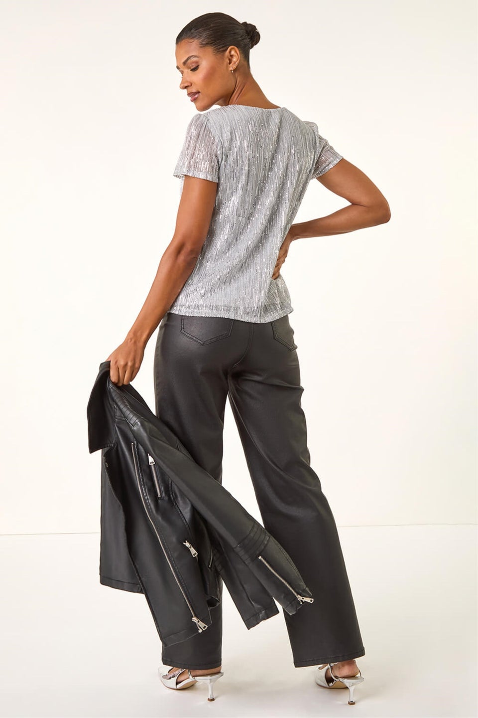 Roman Silver Metallic Sequin Plisse Top