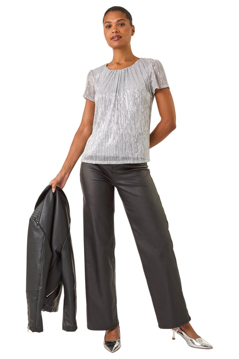 Roman Silver Metallic Sequin Plisse Top