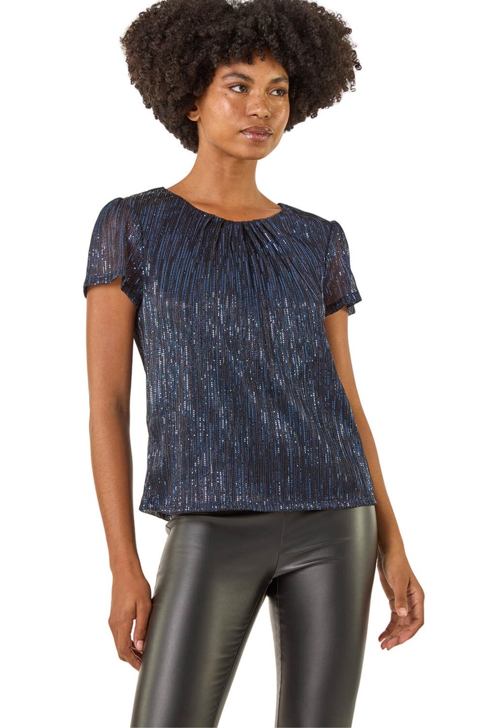 Roman Navy Metallic Sequin Plisse Top