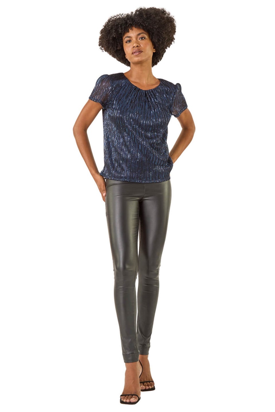 Roman Navy Metallic Sequin Plisse Top